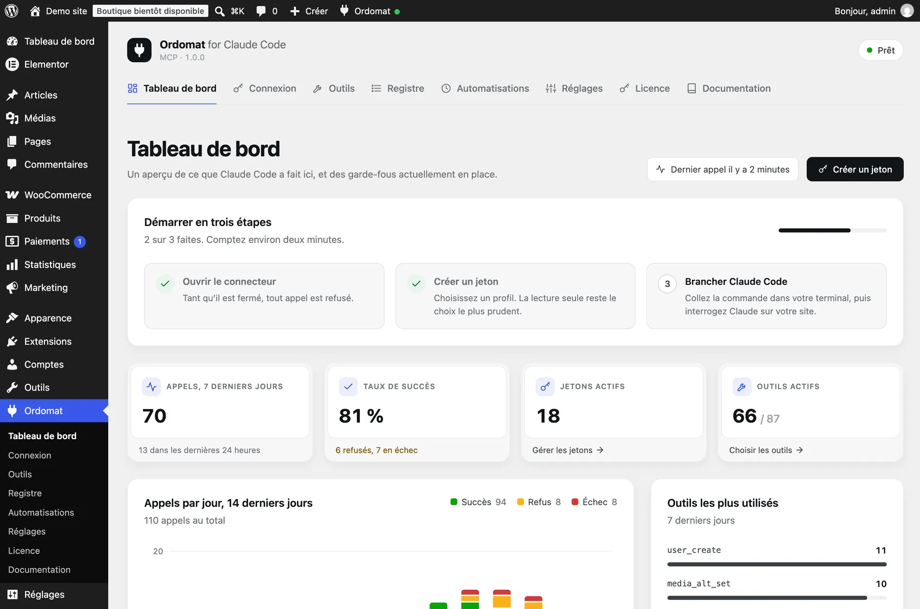 Le tableau de bord d'Ordomat dans l'administration WordPress : démarrage en trois étapes, appels des sept derniers jours, taux de succès, jetons actifs, outils actifs, et graphique des appels par jour.